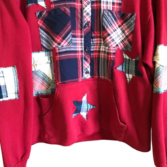 Upcycled Patchwork Hoodie, Size Medium: Red Plaid, Star Appliqués, Grunge Style - Picture 10 of 13